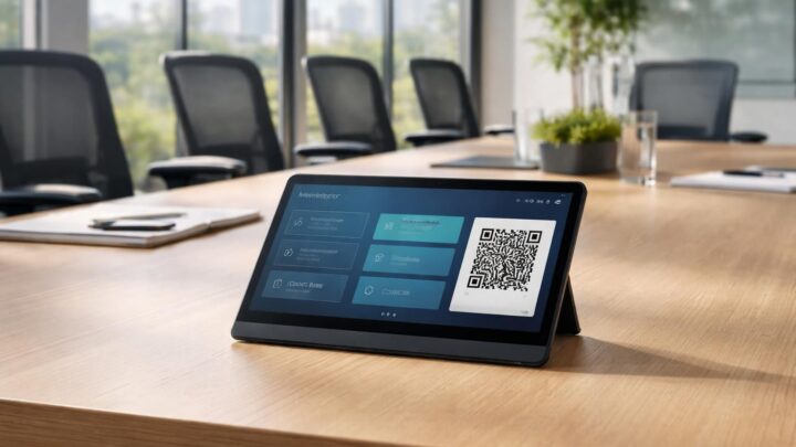 Salle connectée : tablette Tactile Microsoft pour planning + check-in + QR code