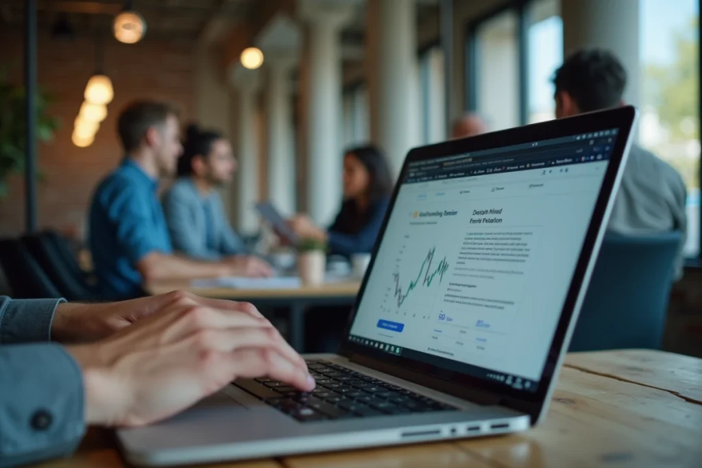 Gros plan sur les mains d'un expert analysant une critique détaillée de la plateforme EXAGONLINE dans un espace de co-working