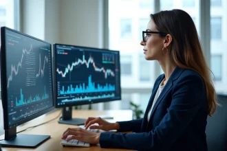 Analyste financière experte examinant les données de la plateforme EXAGONLINE sur deux écrans dans un bureau professionnel moderne