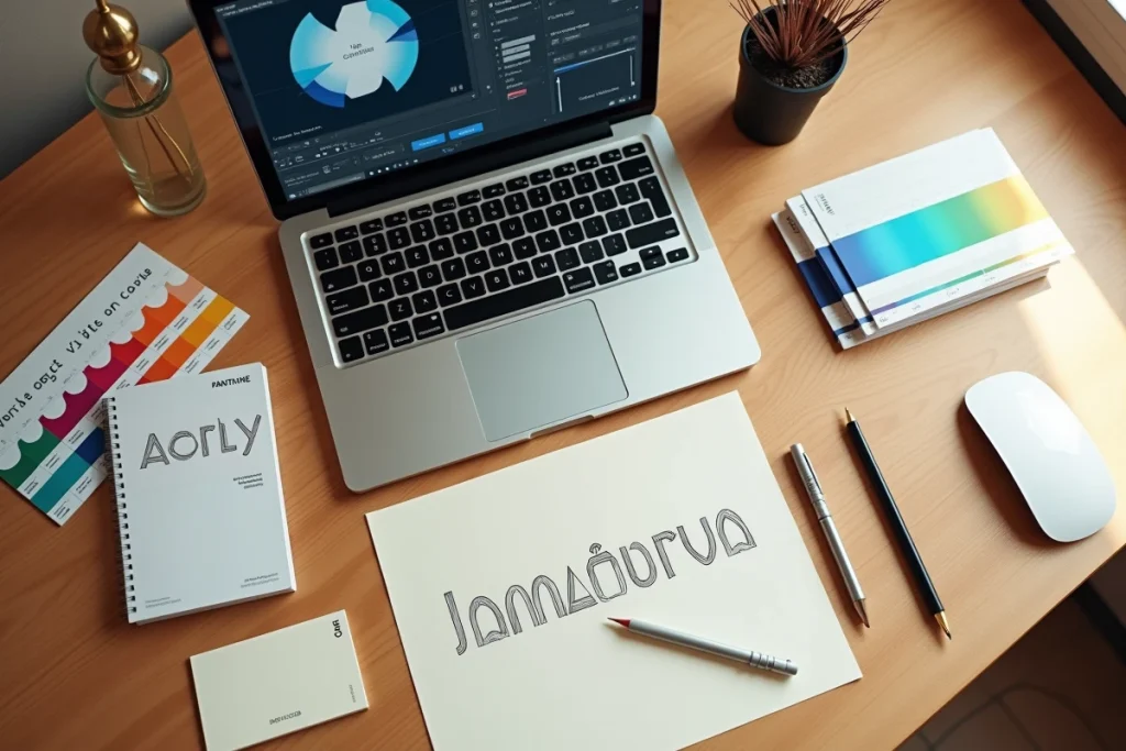 Flat lay d'un bureau de graphiste avec maquettes de cartes de visite et outils de création graphique