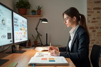 Graphiste indépendante travaillant sur des projets de branding dans un studio créatif en Loir-et-Cher