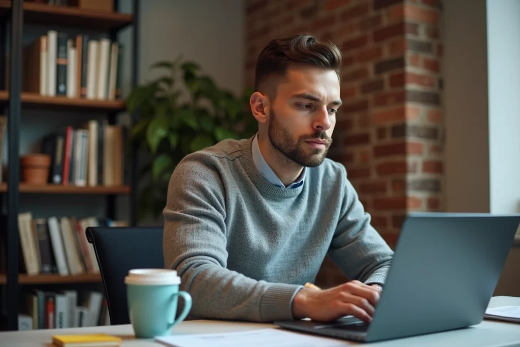 Investisseur particulier consultant un avis expert sur la plateforme EXAGONLINE depuis son bureau à domicile