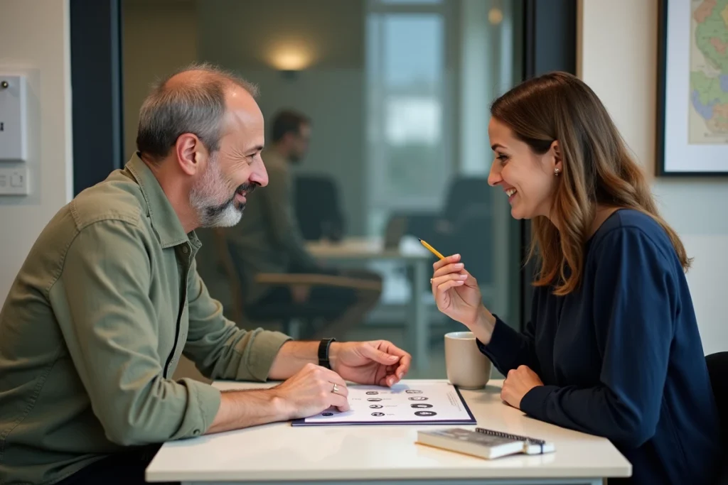 Réunion entre un chef d'entreprise et une graphiste pour un projet d'identité visuelle en Loir-et-Cher