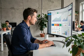 Professionnel B2B analysant des métriques de croissance sur un tableau de bord numérique dans un bureau moderne de startup