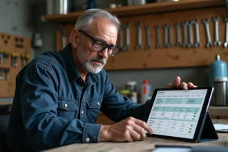 Artisan dans son atelier consultant le logiciel de gestion Myextrabat sur une tablette numérique
