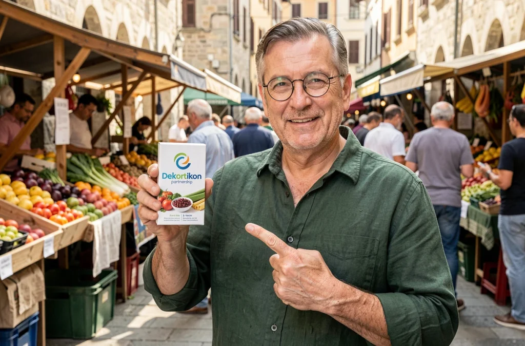 Artisan local fier de présenter un produit portant le partenariat Dekortikon lors d'un marché urbain en plein air