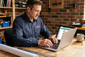 Artisan en chemise de travail optimisant son profil de prestataire sur un ordinateur portable dans un bureau à domicile organisé