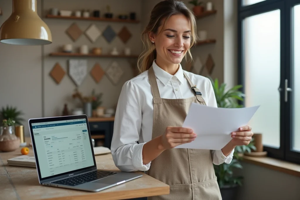 Artisane carreleur gérant ses devis et factures sur un logiciel métier dans son showroom