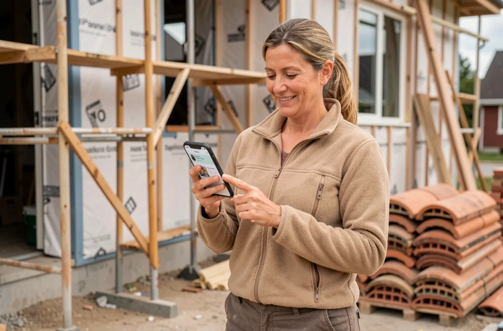 Artisane sur chantier de rénovation consultant son profil entrepreneur sur smartphone pour décrocher de nouveaux chantiers