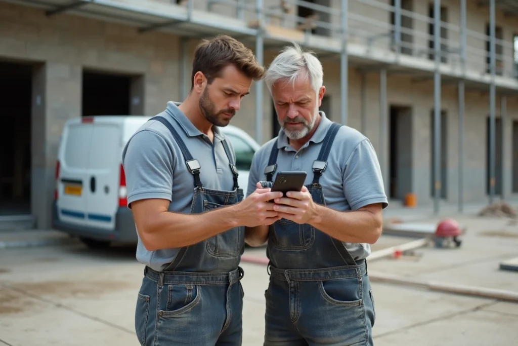Deux artisans du bâtiment consultant une application de gestion de chantier sur smartphone devant un immeuble en rénovation