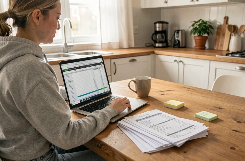 Femme auto-entrepreneur livreur Amazon gérant sa comptabilité et ses revenus sur ordinateur portable à domicile