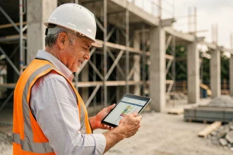 Chef de chantier consultant les prix de suivi BTP sur tablette avec des structures en béton et échafaudages en arrière-plan