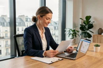 Cheffe d'entreprise analysant des données de croissance sur la plateforme Avenir-entreprise.fr dans un bureau moderne
