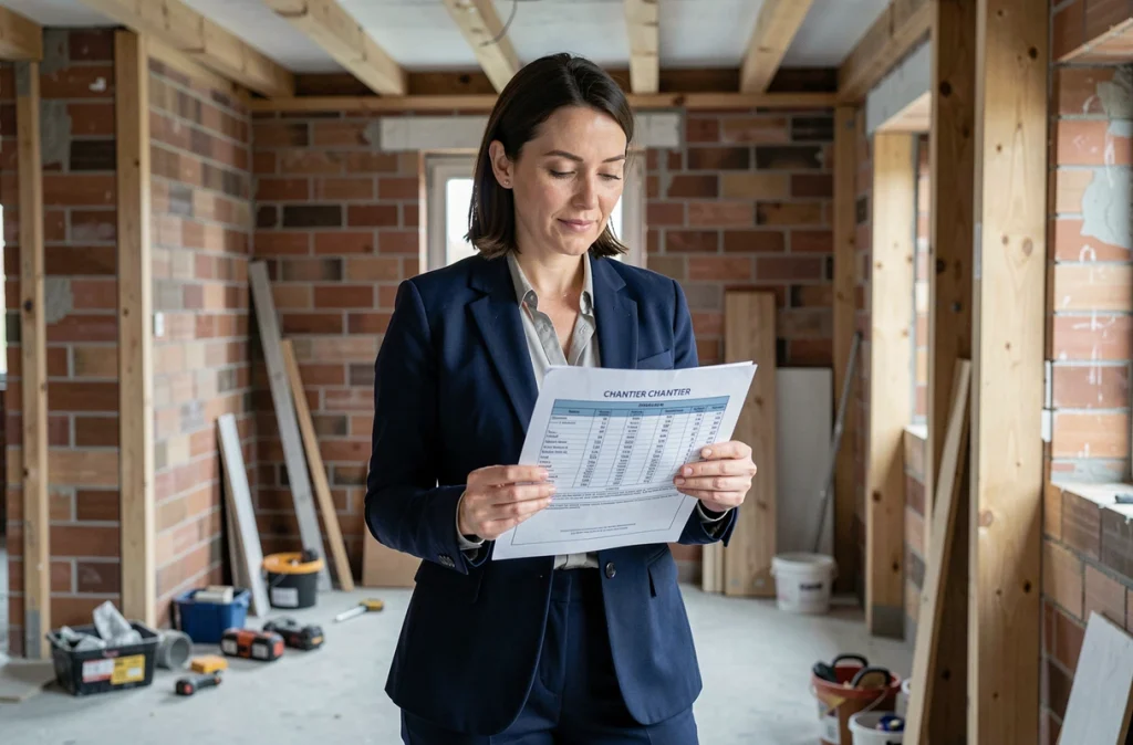Cliente exigeante consultant un rapport de suivi de prix chantier dans un intérieur en cours de construction avec briques apparentes