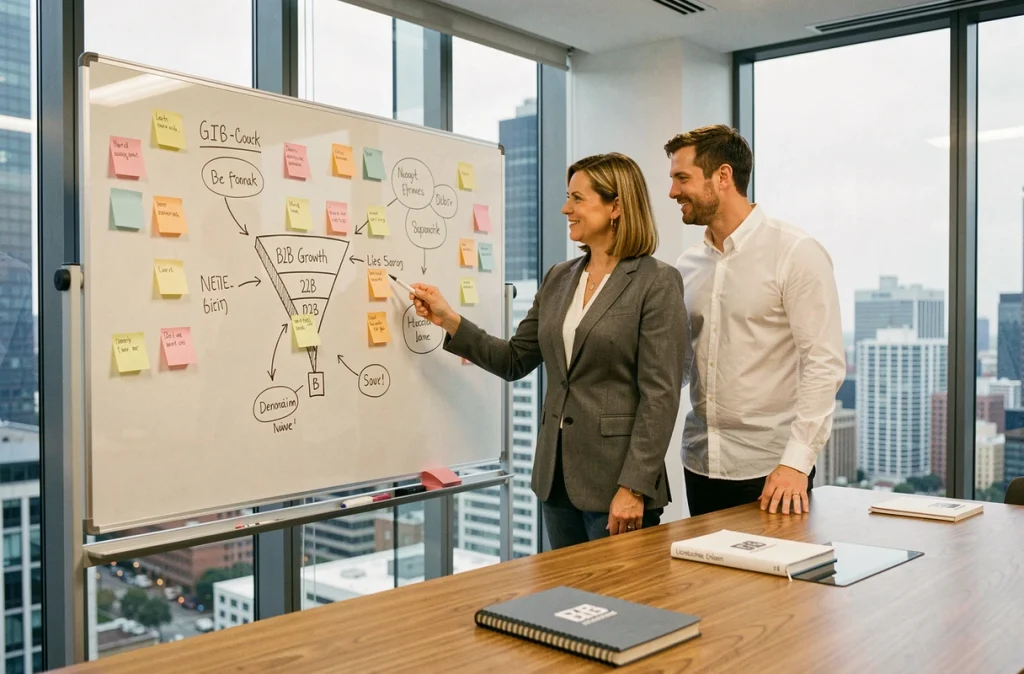 Deux professionnels collaborant sur une stratégie de growth hacking B2B devant un tableau blanc dans une salle de réunion
