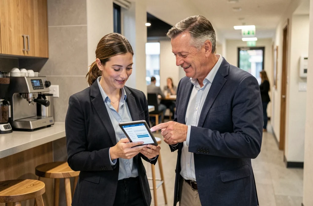 Deux collègues consultant ensemble la procédure de configuration du compte Terciel sur une tablette dans une salle de pause d'entreprise