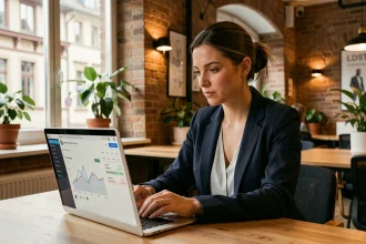 Consultante SEO en Alsace analysant des données de référencement sur un ordinateur portable dans un espace de coworking moderne à Strasbourg
