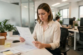 Femme au bureau relisant une demande de congés sans solde avec une expression préoccupée