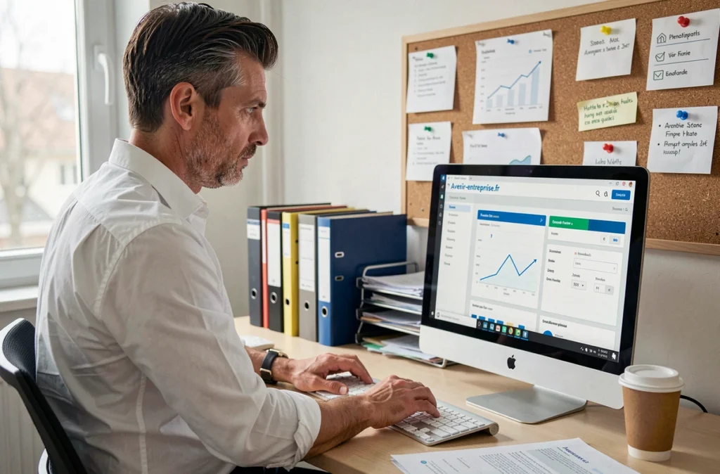 Dirigeant de PME utilisant le tableau de bord Avenir-entreprise.fr pour sécuriser le développement de son entreprise