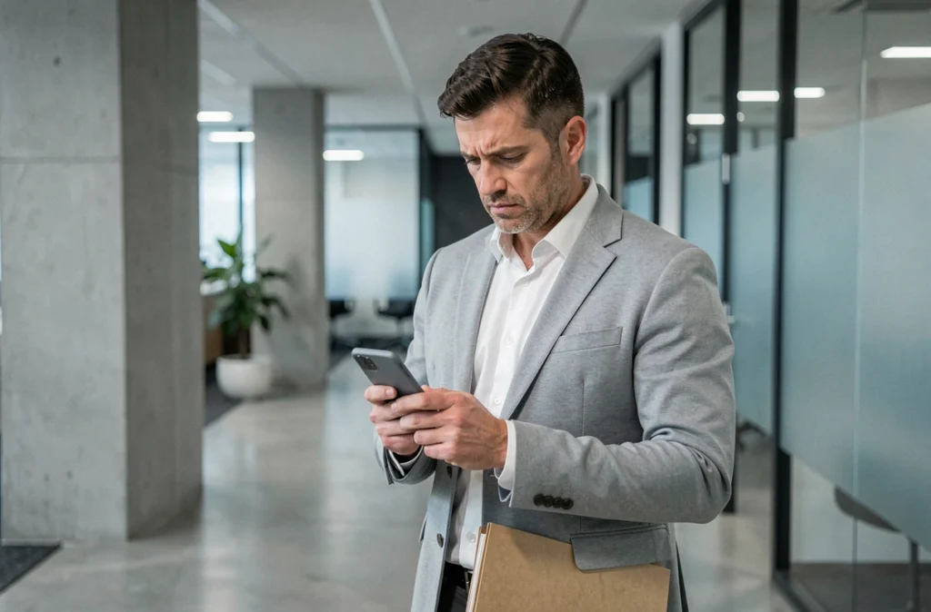 Employé dans un couloir d'entreprise consultant son téléphone avec une expression soucieuse tenant un dossier
