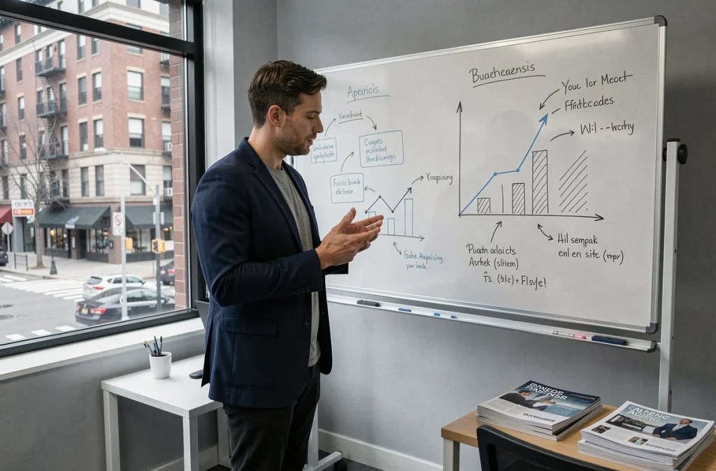 Entrepreneur présentant ses concepts commerciaux sur un tableau blanc dans un bureau de startup, symbolisant la structuration d'une idée en projet d'entreprise