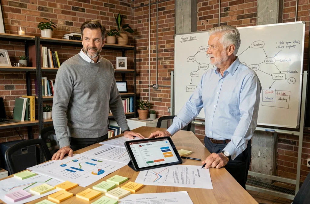 Deux entrepreneurs collaborant sur une stratégie de sécurisation de croissance avec Avenir-entreprise.fr dans un espace coworking