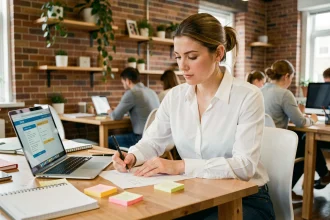 Entrepreneuse travaillant sur son plan d'affaires dans un espace de coworking moderne, illustrant la transformation d'une idée en entreprise avec Business Mag