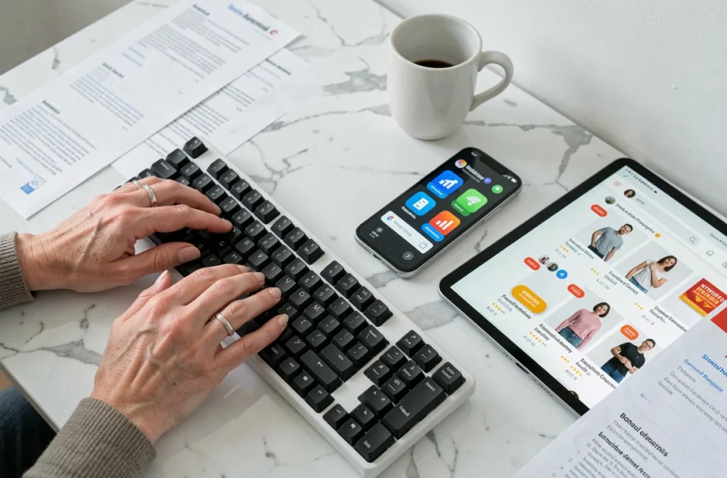 Gros plan sur un espace de travail minimaliste avec des outils de gestion de publicité Pay Per Click et des notifications de ventes en hausse