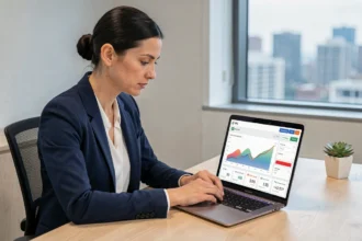 Femme professionnelle analysant une campagne publicitaire Pay Per Click sur son ordinateur portable au bureau