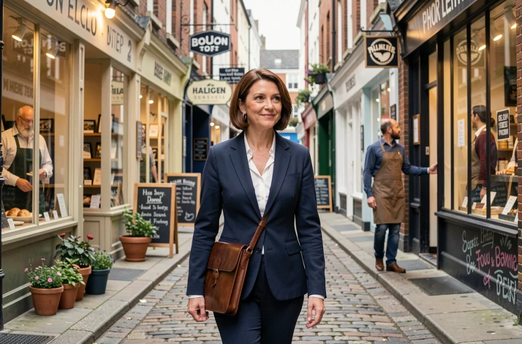 Femme professionnelle parcourant une rue commerçante locale pour mobiliser les commerçants autour d'une association de quartier
