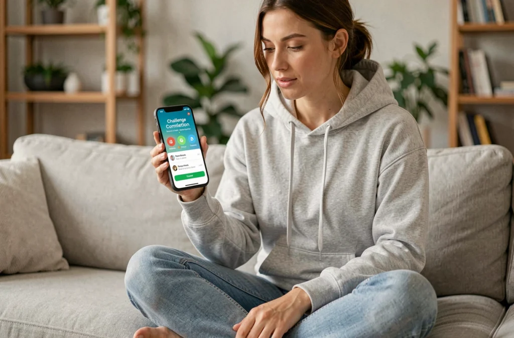 Femme vérifiant ses gains et récompenses sur l'application C3challenge depuis son smartphone dans son salon