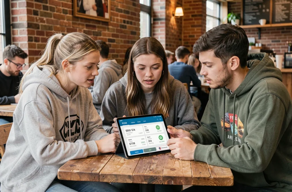 Groupe de jeunes adultes discutant des résultats et gains de C3challenge autour d'une tablette dans un café