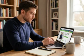 Homme consultant la plateforme C3challenge sur son ordinateur portable dans un bureau à domicile moderne