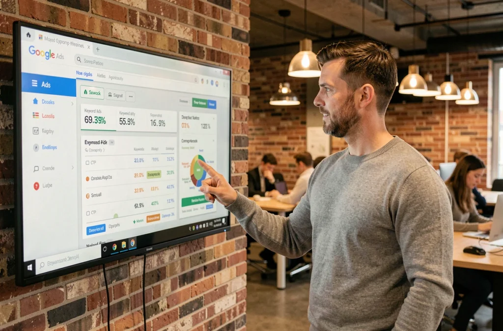 Homme présentant une stratégie de publicité Pay Per Click sur un grand écran dans un espace de coworking