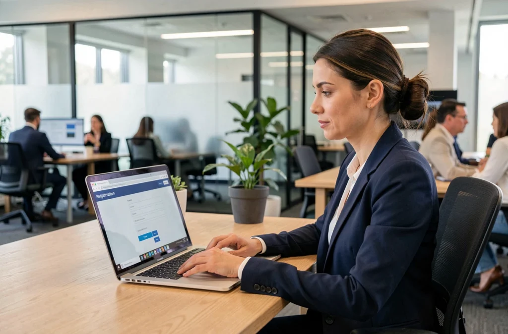 Femme d'affaires s'inscrivant en ligne à un salon B2B sur son ordinateur portable dans un bureau moderne