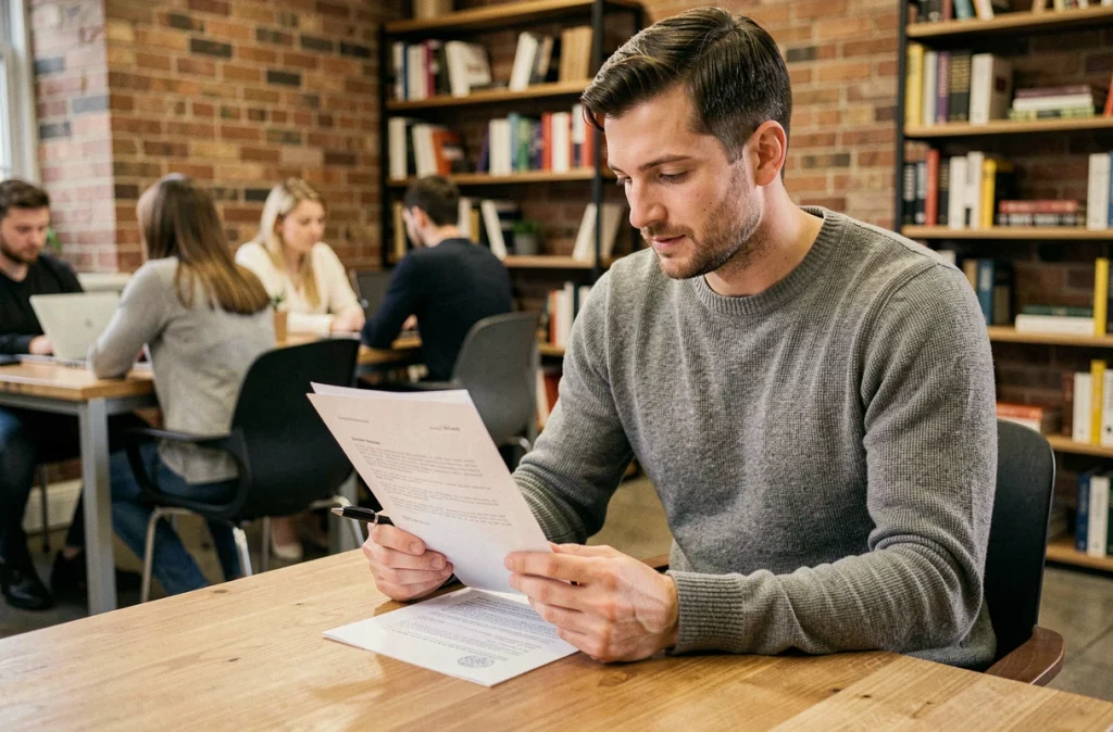 Homme en fin de CDD analysant son contrat de travail dans un espace de coworking, stylo à la main