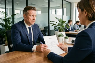 Un employé recevant une lettre de licenciement pour faute grave dans un bureau d'entreprise moderne