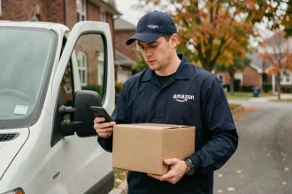 Livreur Amazon indépendant consultant son smartphone à côté de son van de livraison dans une rue résidentielle en automne
