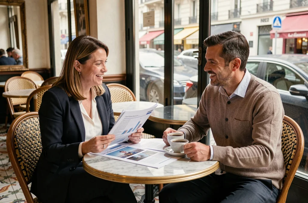 Deux professionnels discutant d'articles de Business Mag autour d'un café, illustrant le mentorat et l'accompagnement pour lancer une entreprise