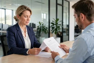 Femme cadre négociant la fin de son CDD avec un responsable RH dans un bureau moderne, documents contractuels sur la table