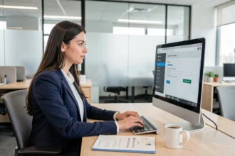 Nouvelle salariée configurant son compte Terciel sur un ordinateur de bureau dans un open space moderne lors de son premier jour de travail