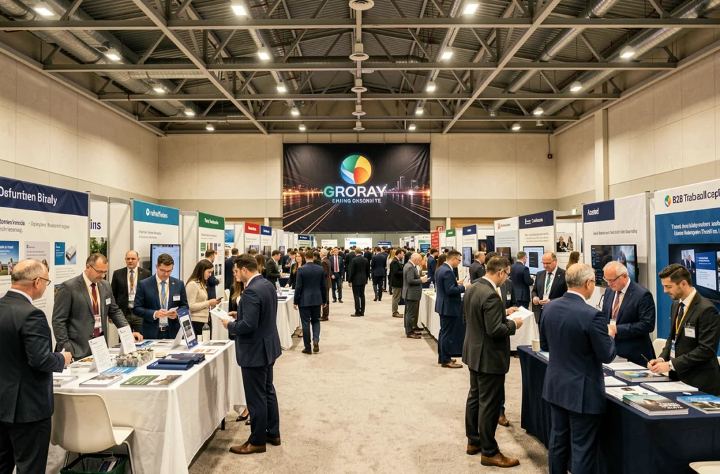 Vue panoramique d'un salon B2B animé avec des allées remplies de professionnels visitant des stands d'exposition