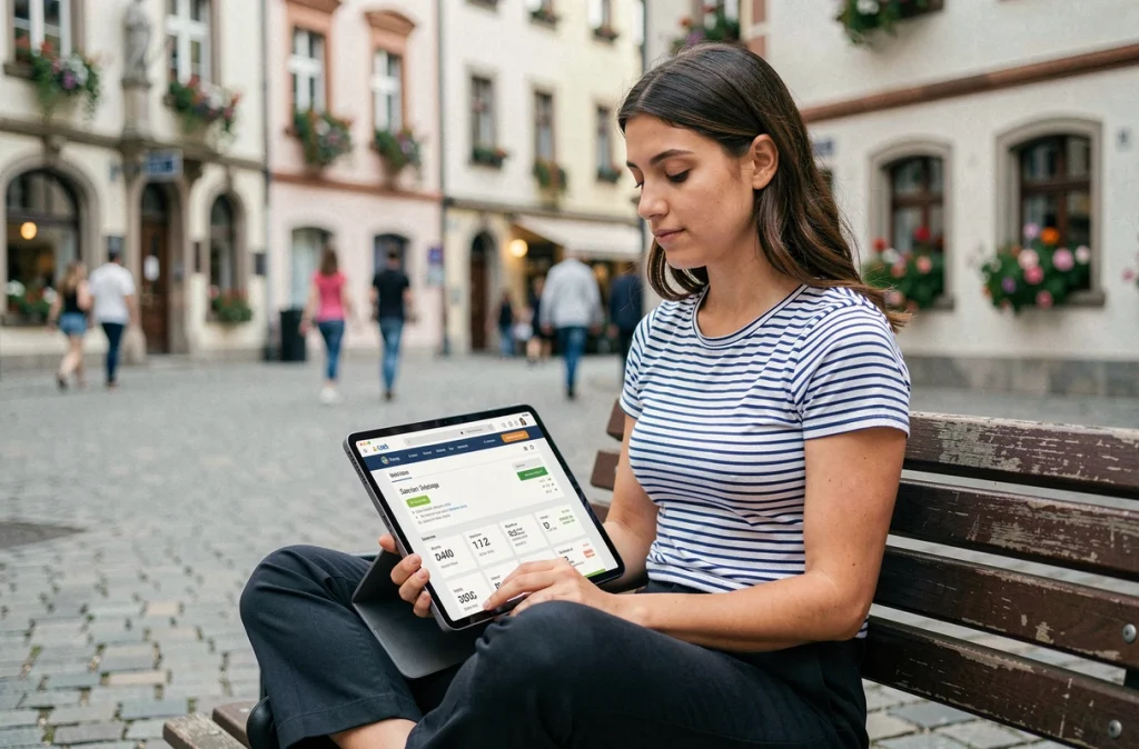 Jeune professionnelle du référencement SEO travaillant sur une tablette en plein air dans le centre historique de Strasbourg en Alsace