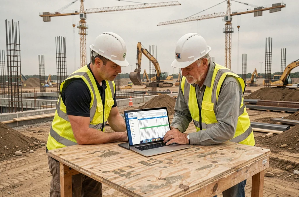 Deux professionnels BTP analysant ensemble le suivi des prix de chantier sur ordinateur portable en plein air sur un grand chantier commercial