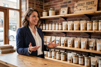 Propriétaire d'une boutique artisanale locale présentant des produits de marques partenaires Dekortikon sur ses étagères en bois