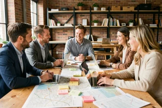Groupe de professionnels adultes réunis autour d'une table pour planifier le lancement d'une business improvement association