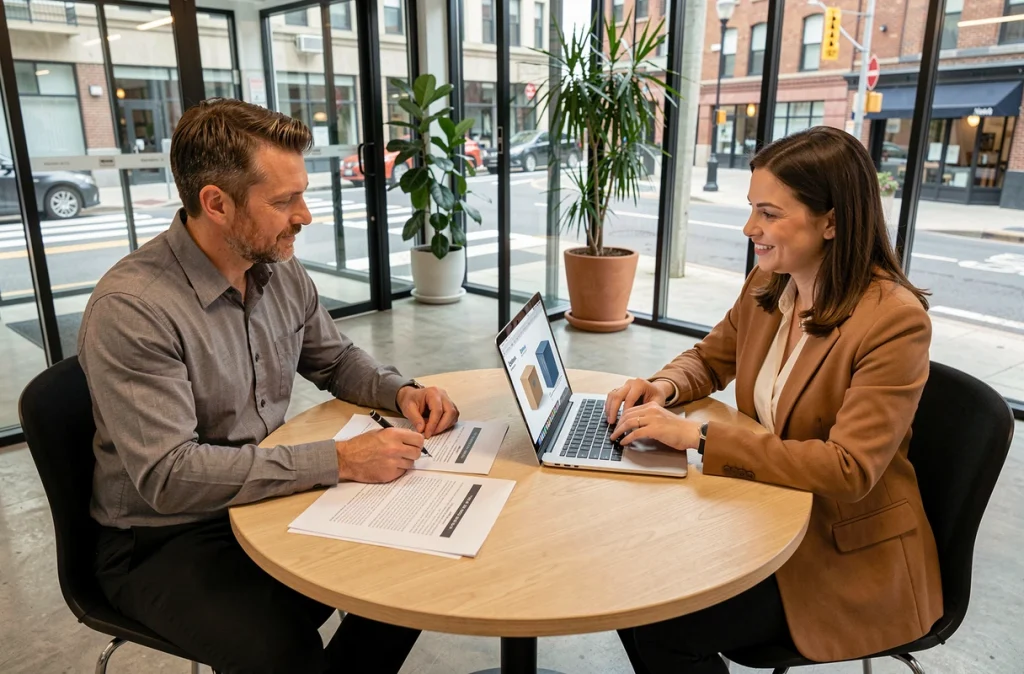 Deux professionnels en réunion de stratégie de marque locale dans un espace de co-working moderne, consultant des documents et des maquettes de packaging