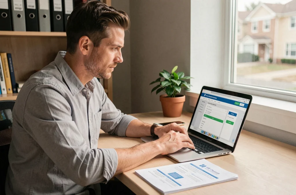 Salarié configurant son espace personnel Terciel depuis son bureau à domicile avec un guide d'utilisation imprimé