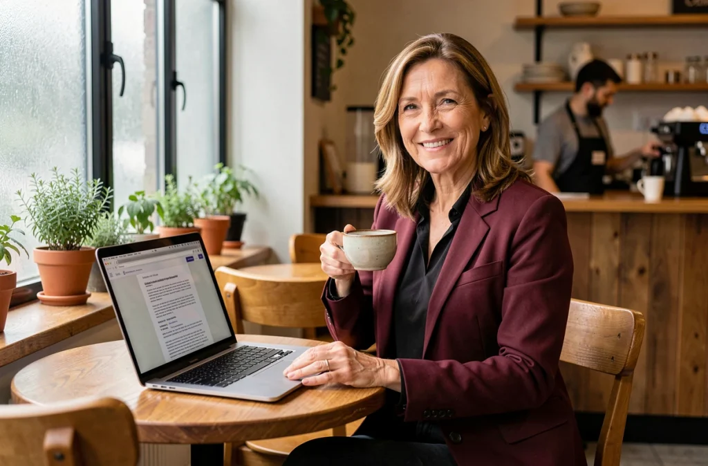 Secrétaire freelance souriante travaillant sur son slogan professionnel avec un ordinateur portable dans un café urbain
