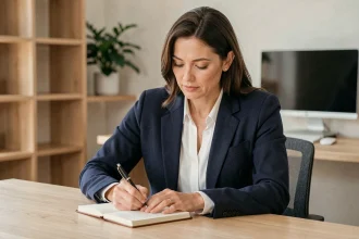 Secrétaire indépendante concentrée rédigeant son slogan professionnel dans un carnet en cuir à son bureau à domicile